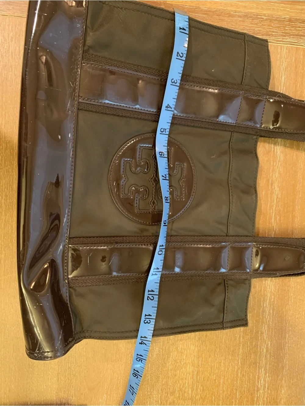 Tory Burch Olive and Dark Brown Nylon Tote with Patent Trim